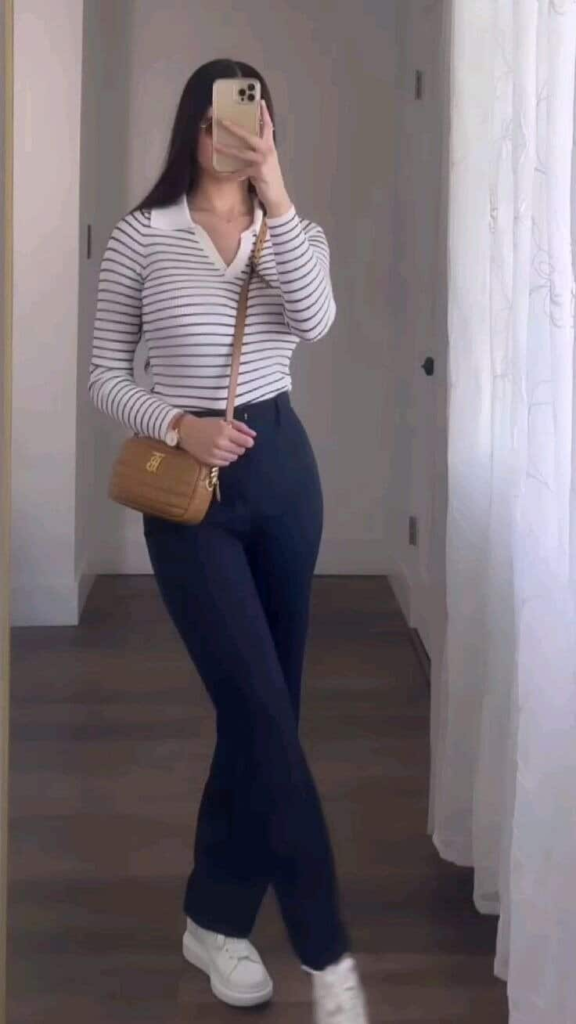 Striped Collared Knit and Wide-Leg Trousers