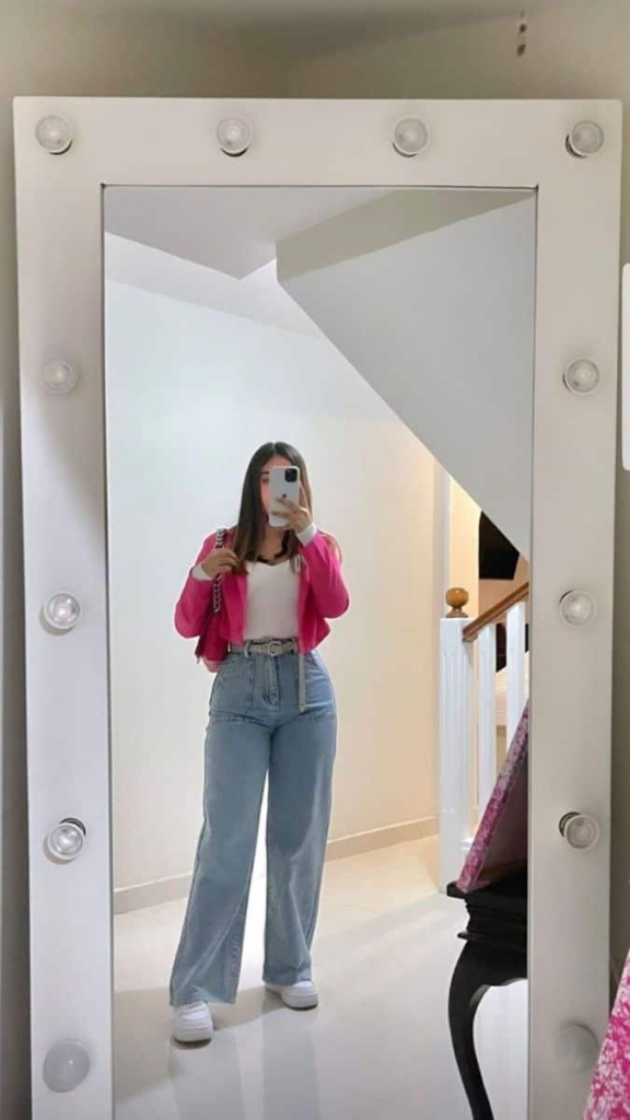 Pink Cardigan and Wide-Leg Jeans