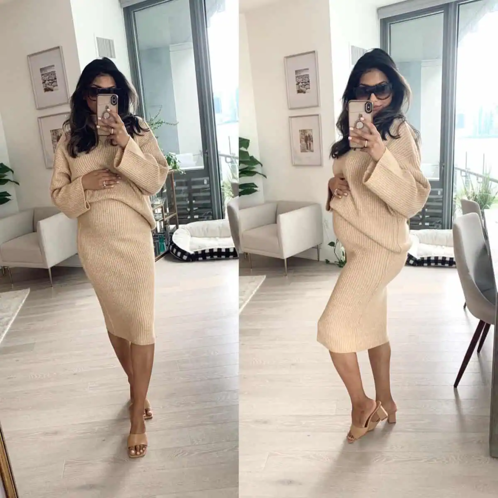 Chic Beige Ribbed Sweater Dress