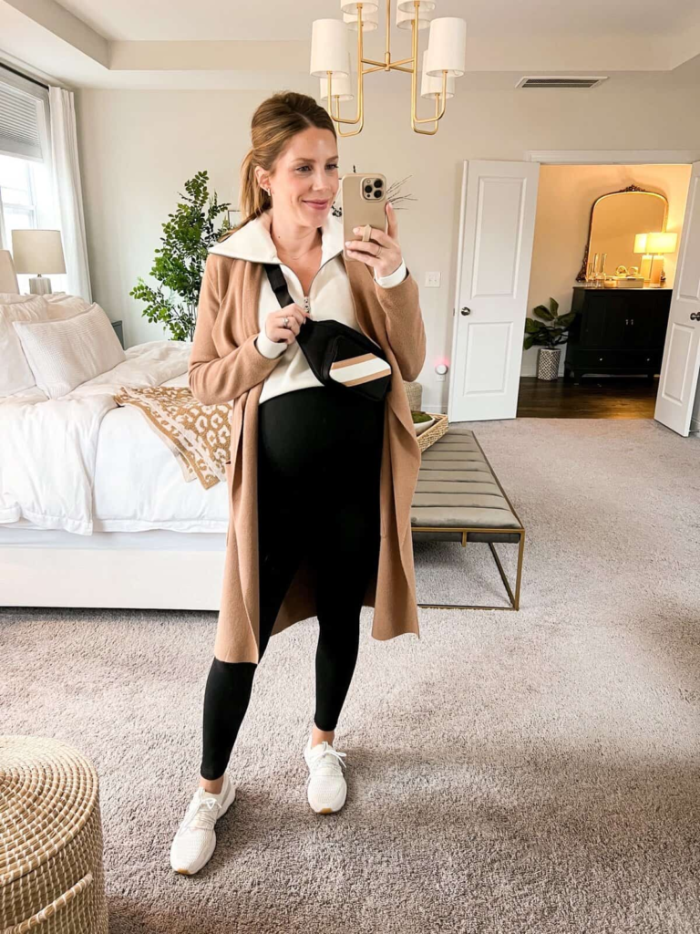 Camel Coat and Athleisure Combo