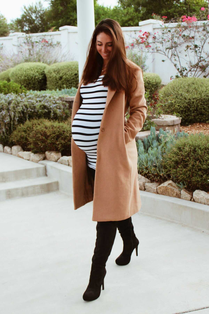 Camel Coat and Striped Dress Combo