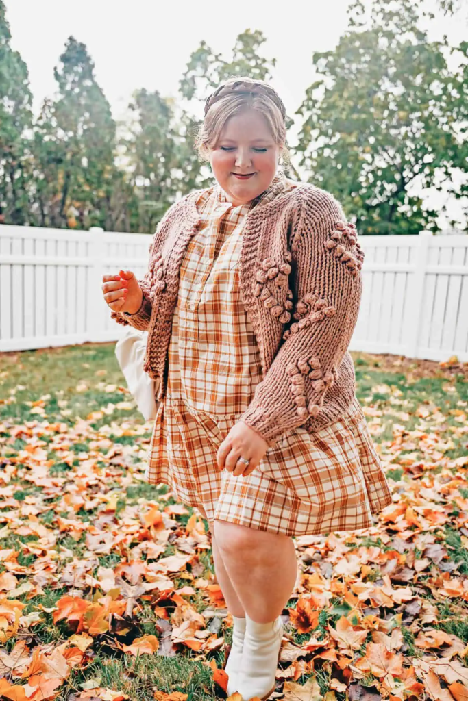 Chunky Cardigan Over Plaid Dress