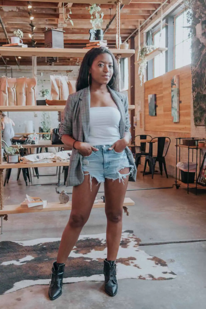 Plaid Blazer and Denim Shorts Combo