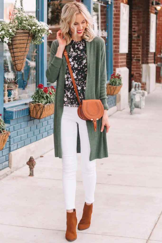 Floral Blouse with Olive Cardigan