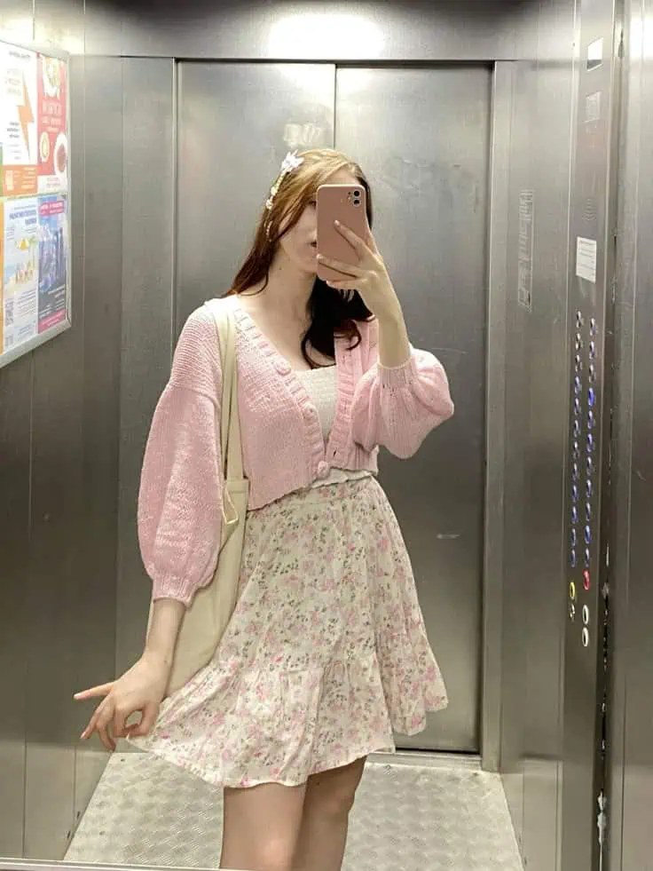 Floral Skirt and Pink Cardigan Combo
