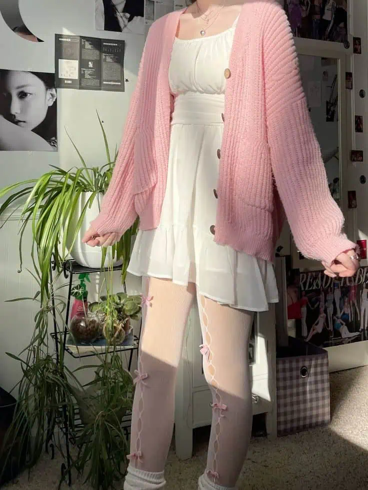 Soft Pink Cardigan and White Dress
