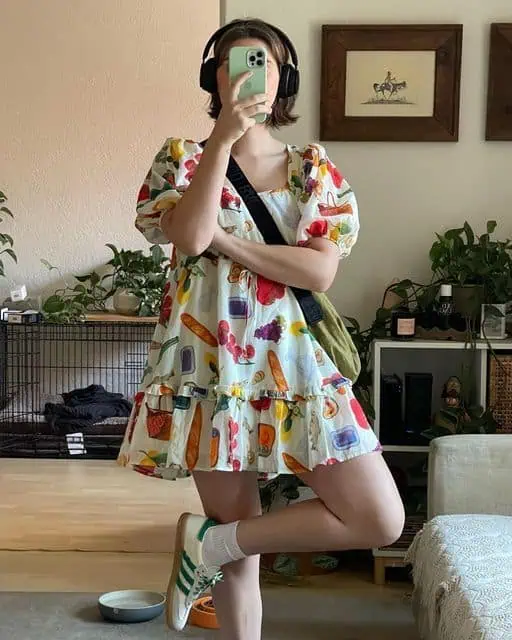 Playful Patterned Puff-Sleeve Mini Dress