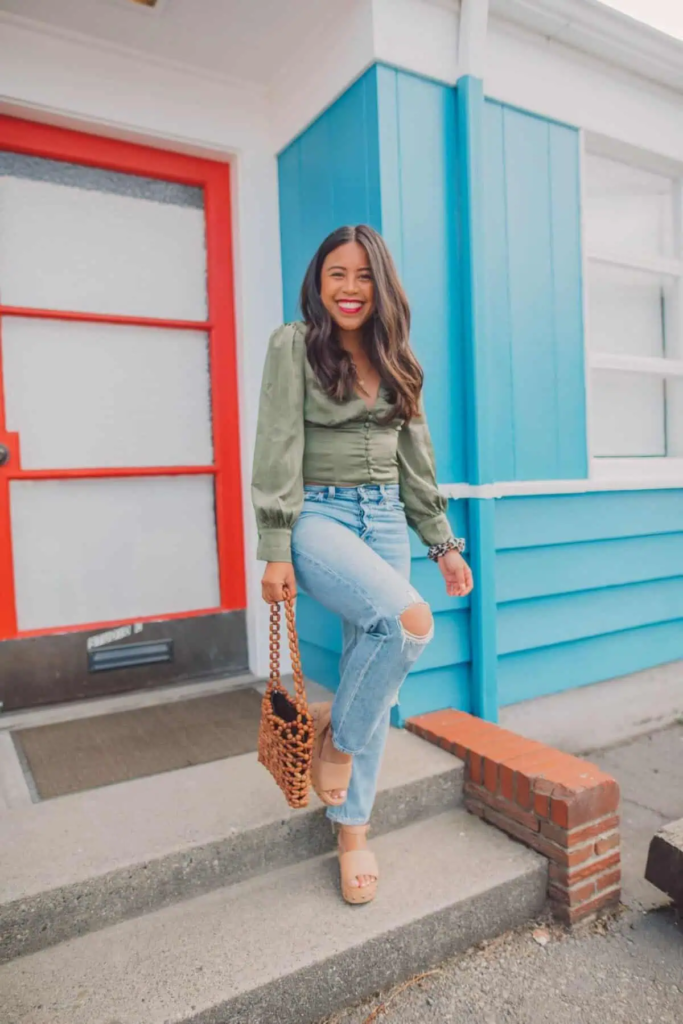 Sage Blouse with Distressed Denim