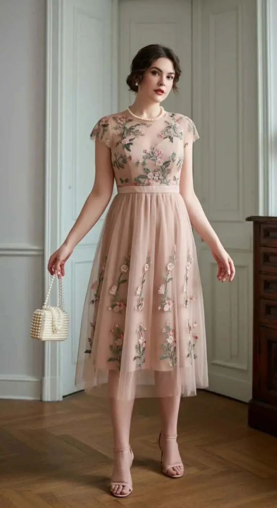 Embroidered Tulle Midi Dress