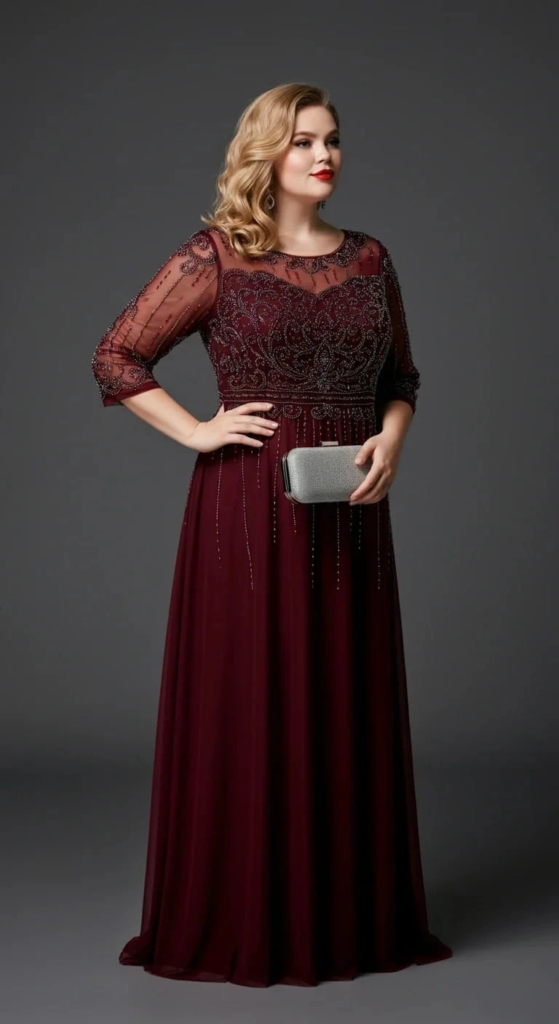 Beaded Mesh Overlay Gown