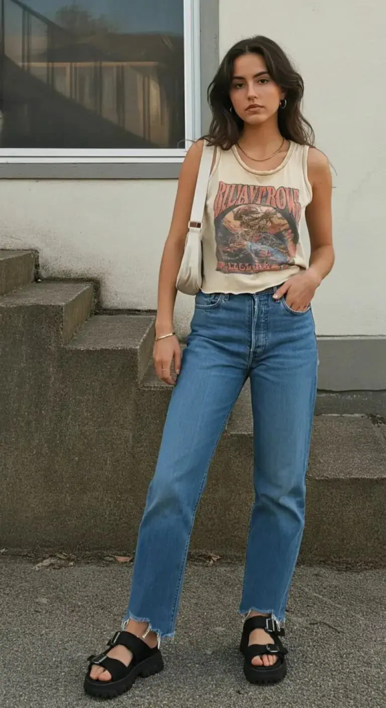 Graphic Tank and Raw Hem Jeans