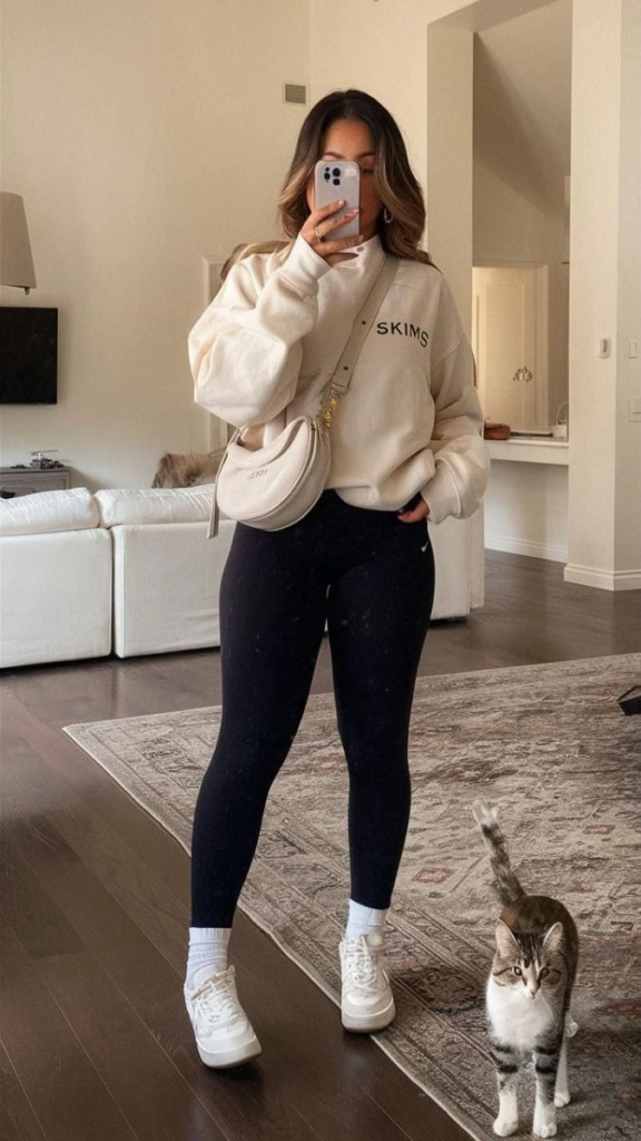 Cozy Cream Sweatshirt and Black Leggings