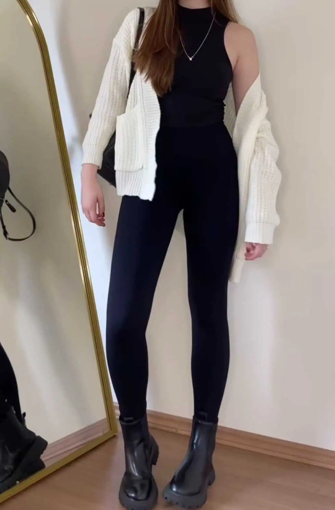 Black Leggings with Cream Cardigan Layers