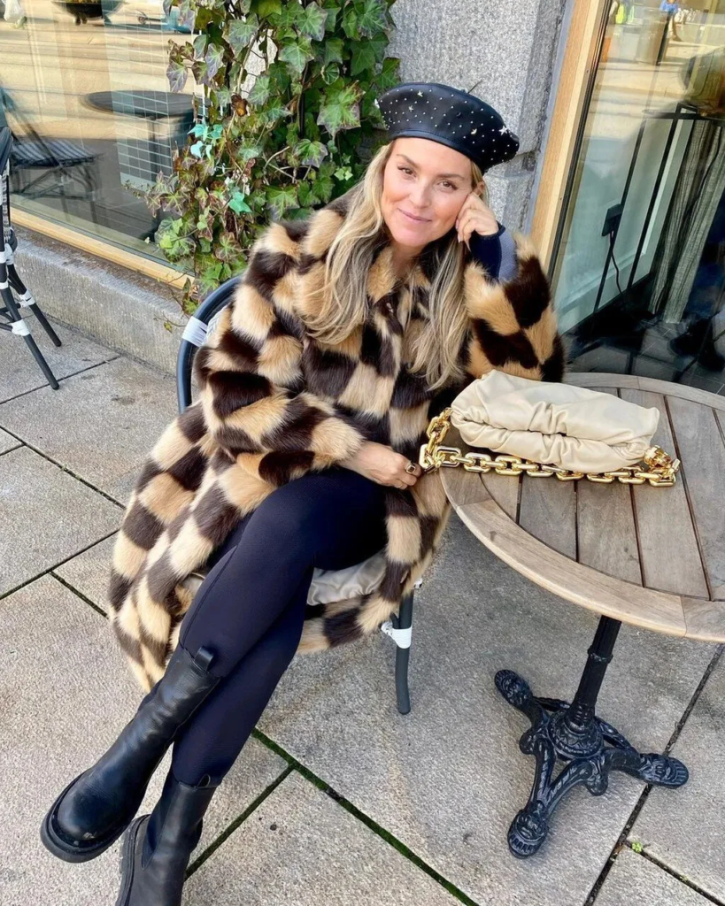 Faux Fur Coat with Navy Leggings