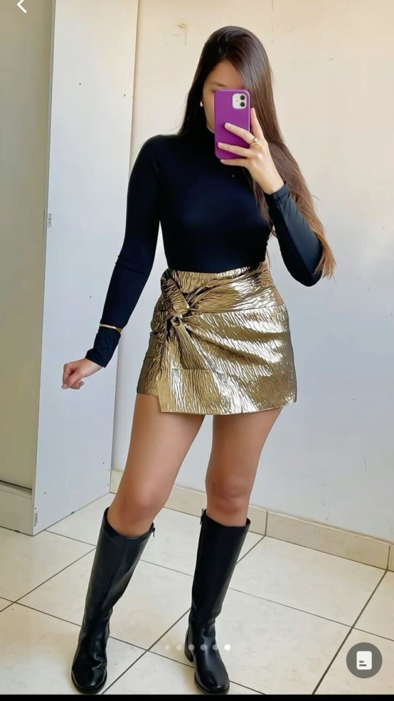 Metallic Gold Skirt with Black Boots
