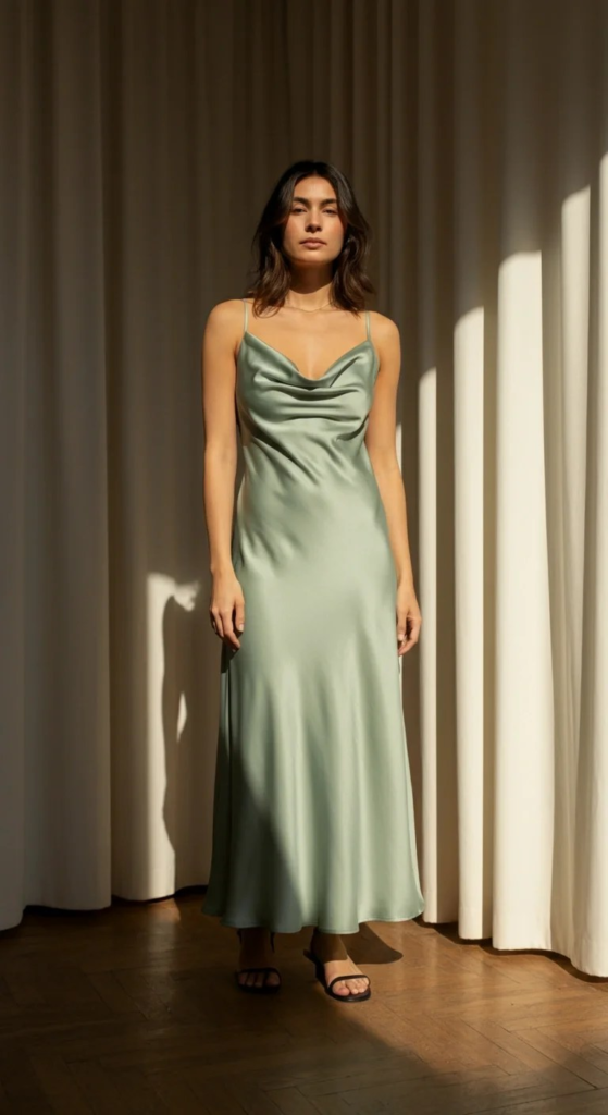 Sage Green Slip Dress with Cowl Neck
