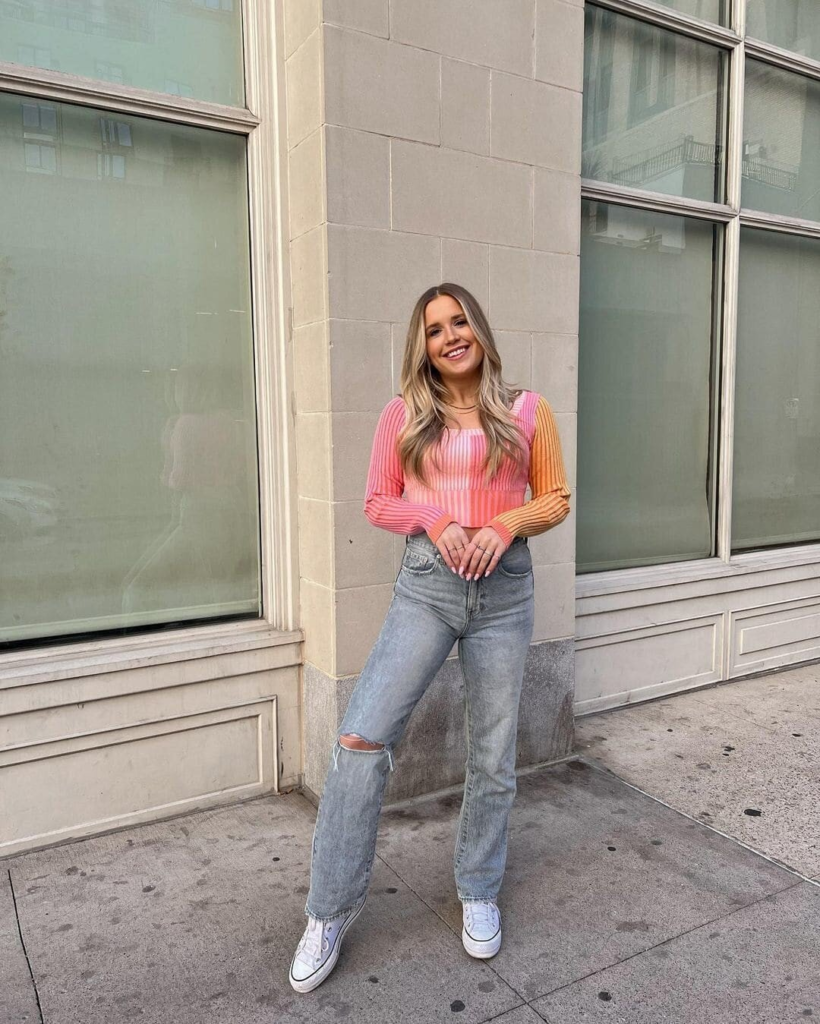 Colorful Knit Top with Relaxed Denim