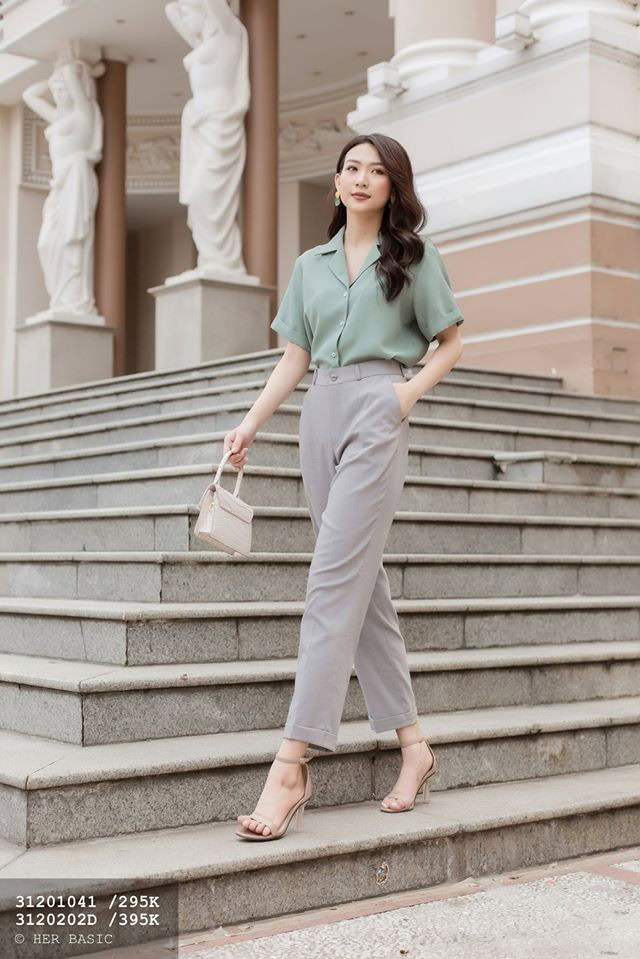 Sage Blouse and Gray Trousers Combo