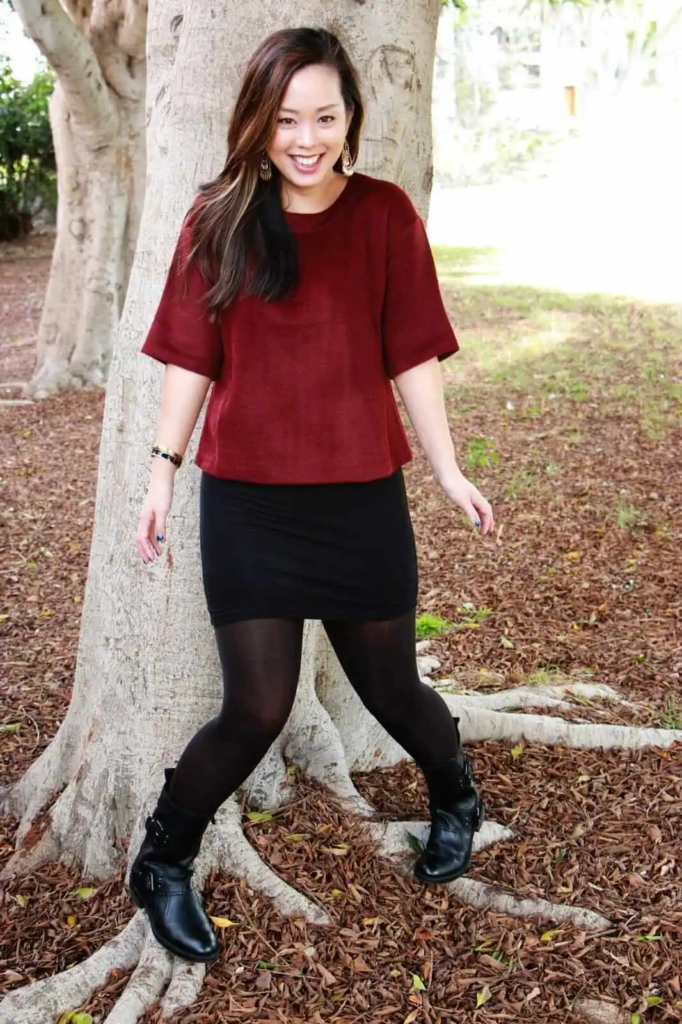 Burgundy Top with Black Mini Skirt