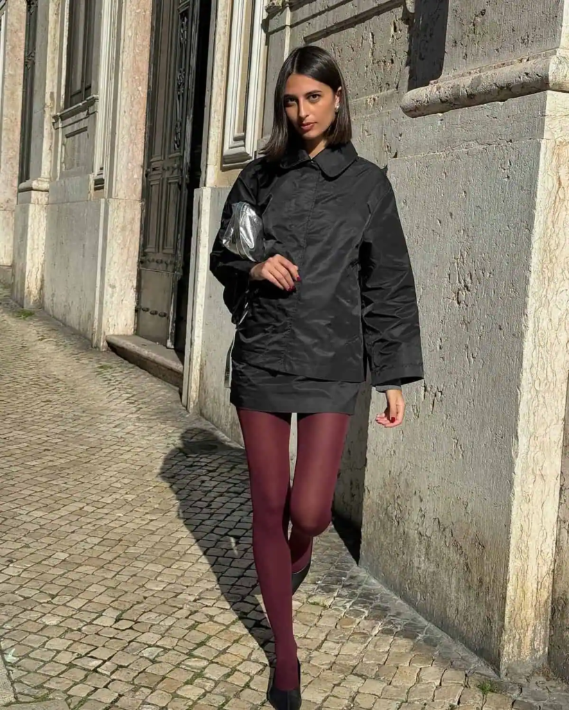 Burgundy Tights with Black Jacket