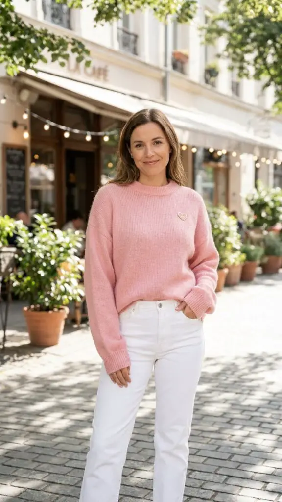 Pink Sweater + White Jeans
