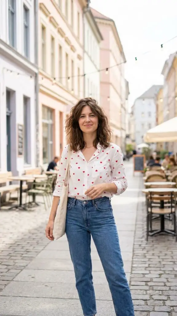 Heart-Print Top + Jeans