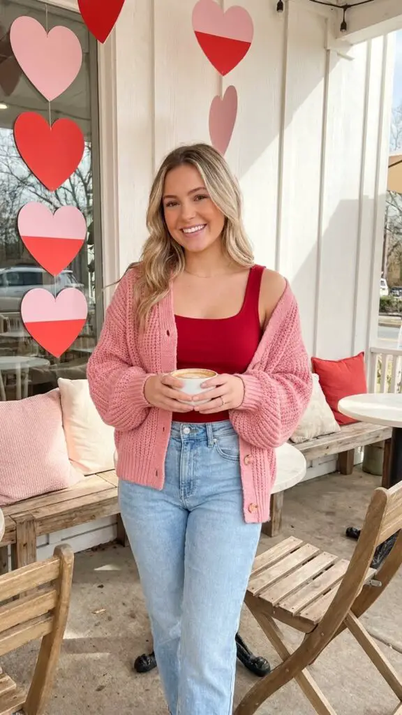 Pink Cardigan + Red Tank + Jeans
