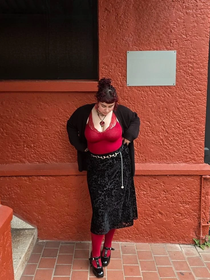 Bold Red Tank With Black Velvet Skirt