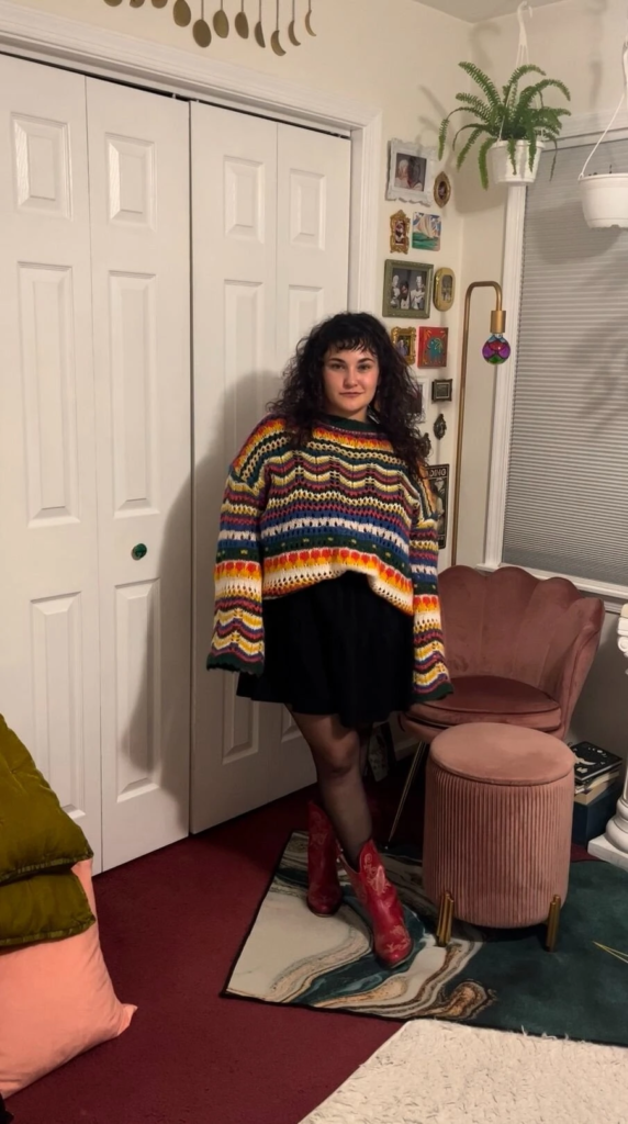 Vibrant Rainbow Sweater With Black Skirt