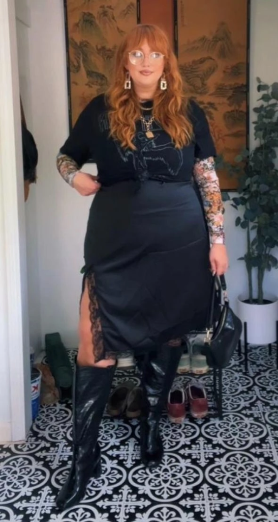 Edgy Black Graphic Tee With Slit Skirt