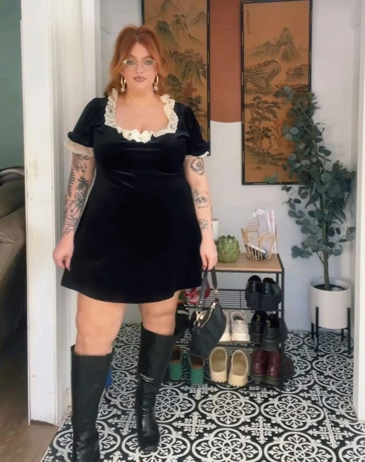 Black Velvet Dress With Ruffled Neckline