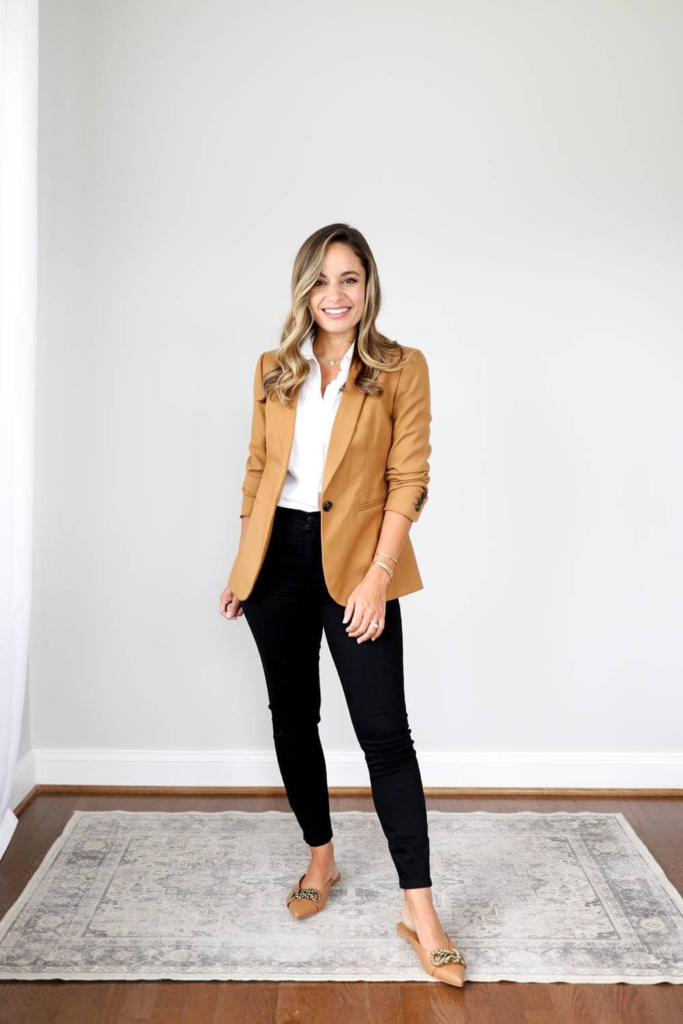 Camel Blazer And Black Jeans Combo