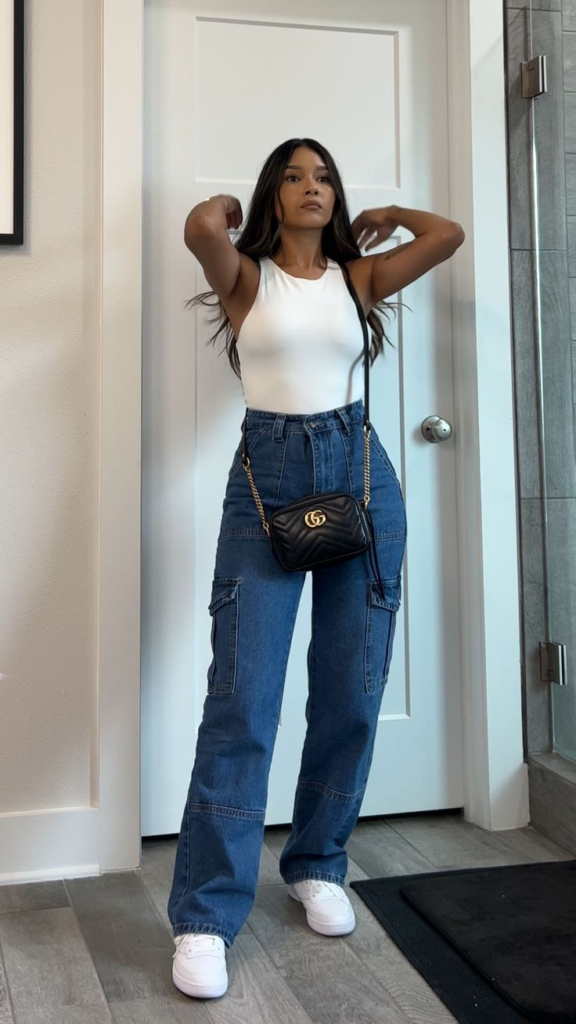 Denim Cargo Pants with White Body Top
