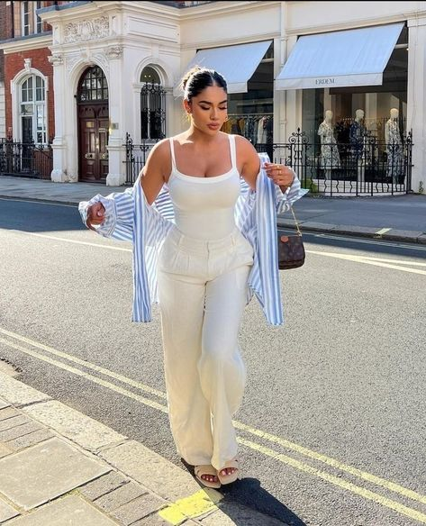 Chic White Spring Outfit with Blue Button Down Shirt