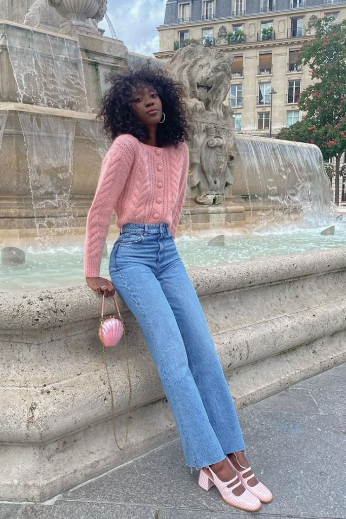 Pink Knit Top with Straight Leg Jeans & Mary Janes