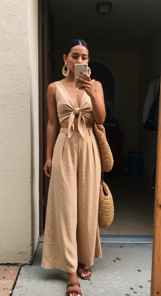 Tie-Front Crop Top And Palazzo Pants