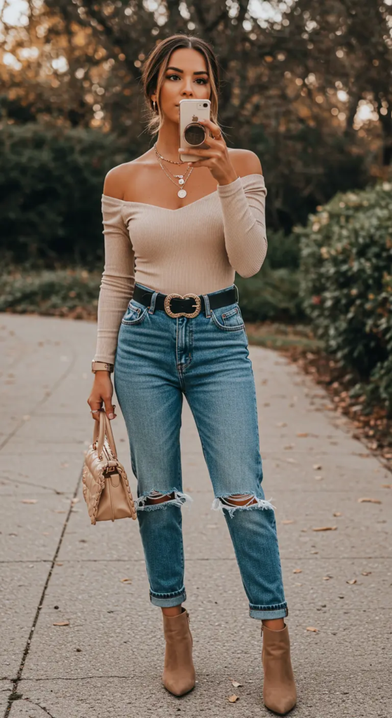 Off-Shoulder Bodysuit And Ripped Jeans