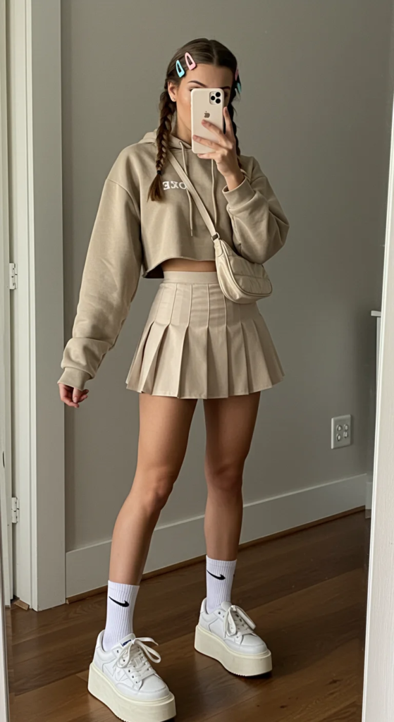 Cropped Hoodie And Pleated Tennis Skirt