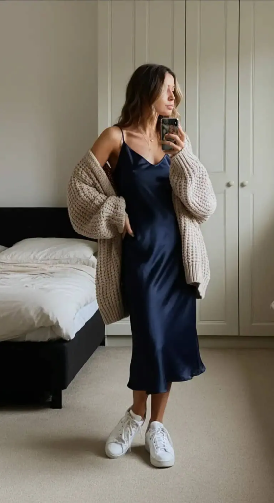 Midi Slip Dress With Chunky Cardigan