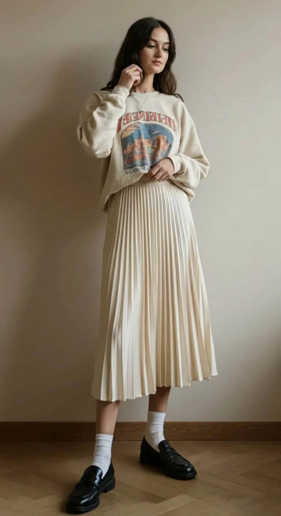 Graphic Sweatshirt And Pleated Midi Skirt