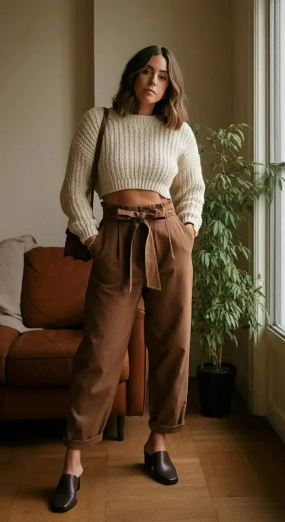 Cropped Sweater And Paper Bag Pants
