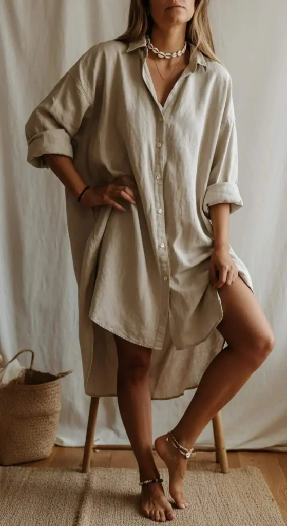 Linen Shirt Dress With Shell Accessories