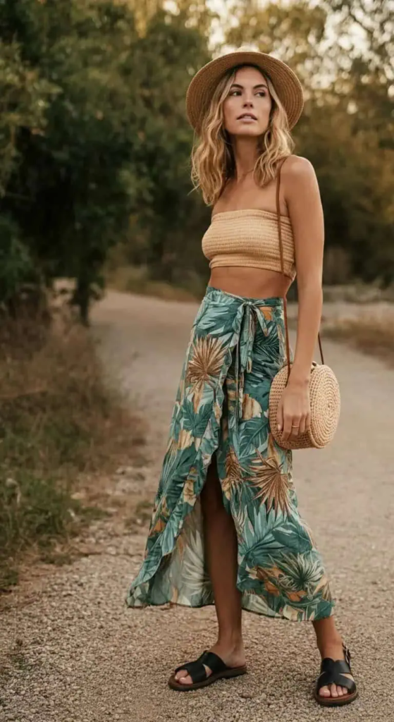 Printed Wrap Skirt With Bandeau
