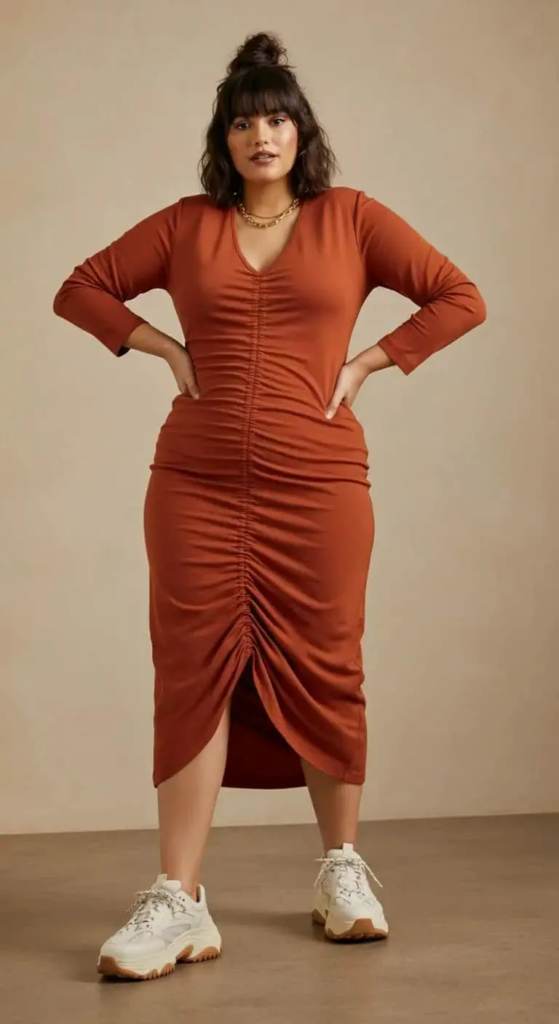 Ruched Midi Dress With Sneakers