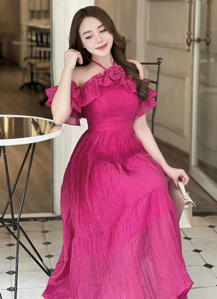 Elegant Fuchsia Off-Shoulder Gown