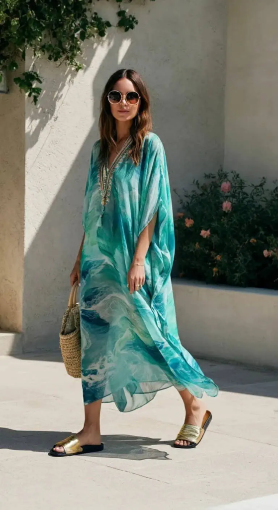 Printed Caftan And Slide Sandals