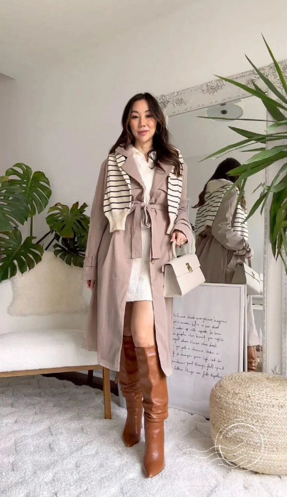 Elegant Trench With Striped Sleeve Accent