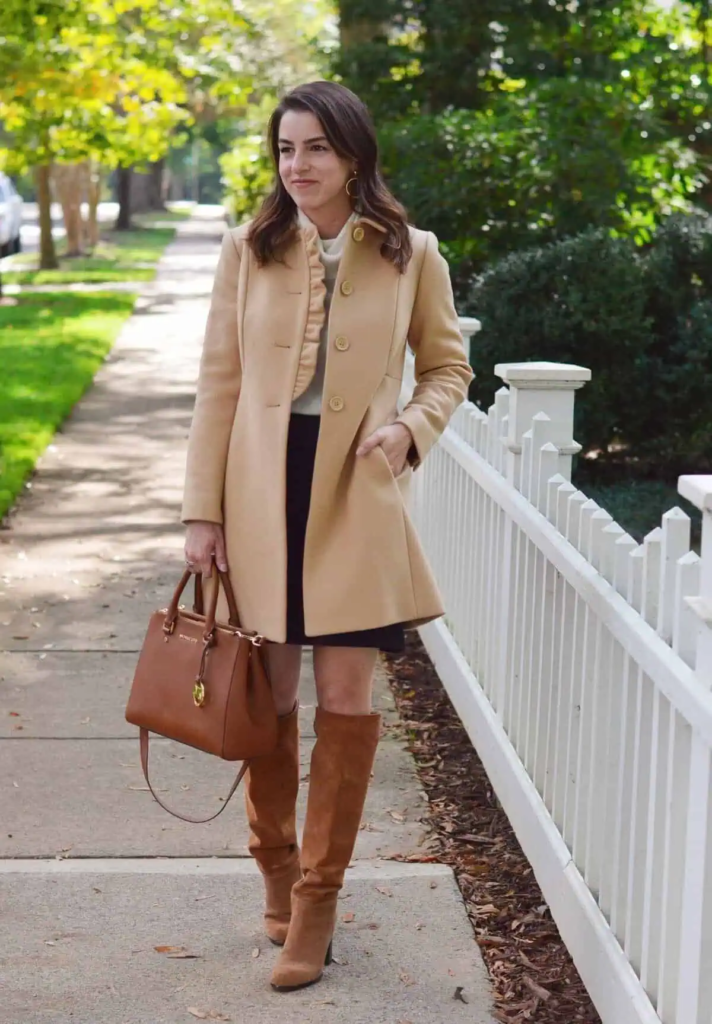 Camel Coat With Knee-High Boots