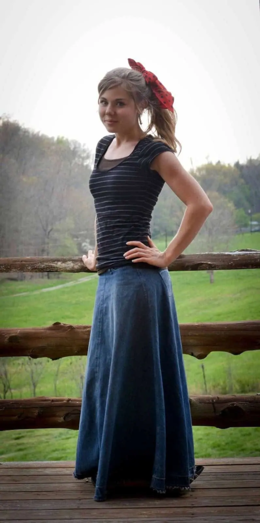 Striped Tee And Denim Maxi Skirt