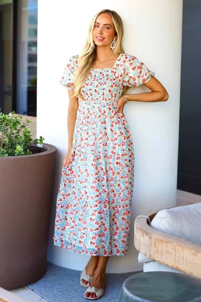 Floral Midi Dress With Puff Sleeves
